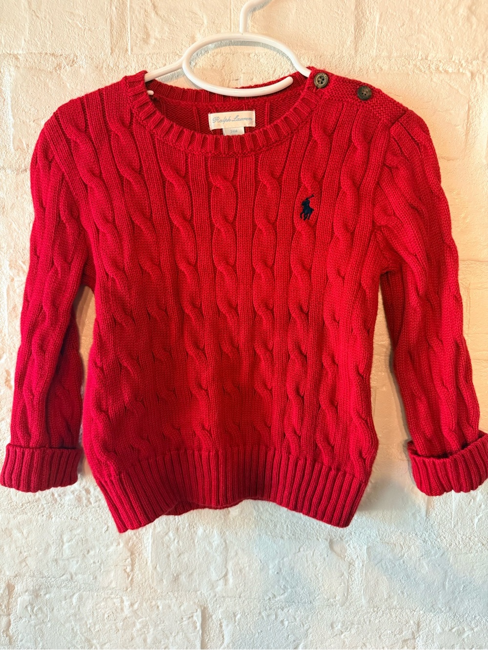 Ralph Lauren Bright Red Cable Knit Sweater with Shoulder Buttons